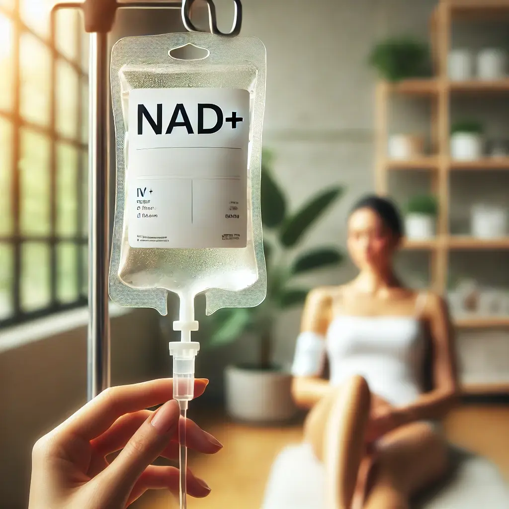 NAD+ IV infusion bag during a regenerative therapy session at Cabo Health clinic in Cabo San Lucas